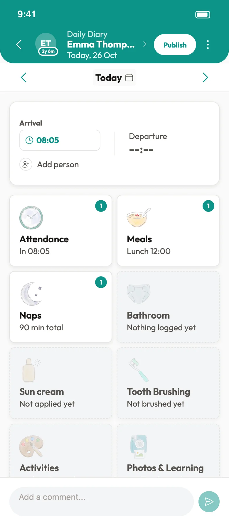 Emma's daily diary showing her arrival time, lunch and a 90 minute nap