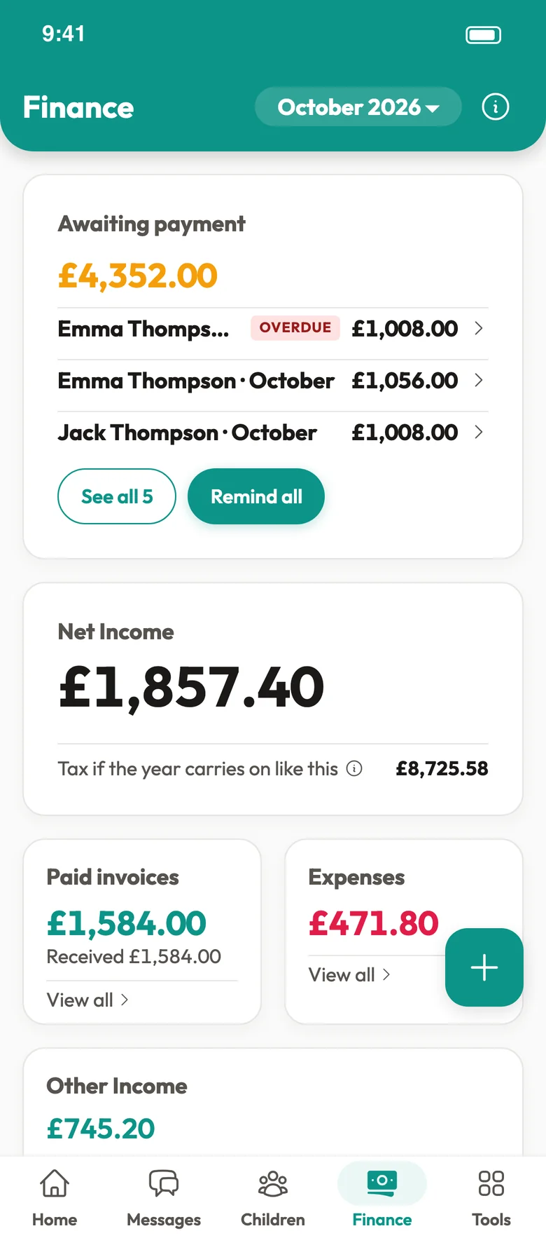 The finance screen showing invoices awaiting payment, net income and expenses