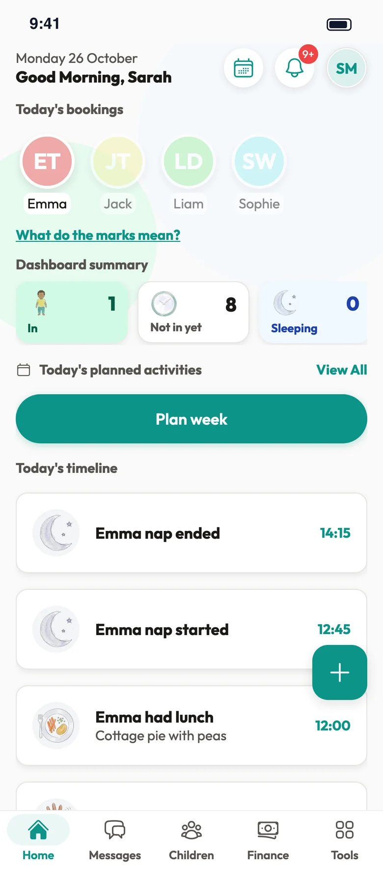 KinderStart home screen showing today's bookings, who is in and the day's timeline