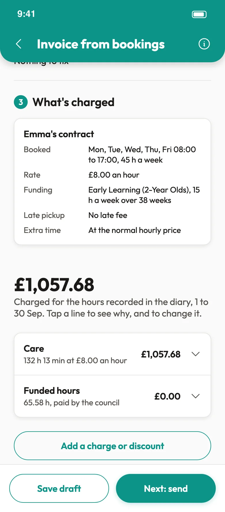 An invoice breakdown showing care hours, funded hours paid by the council and the total