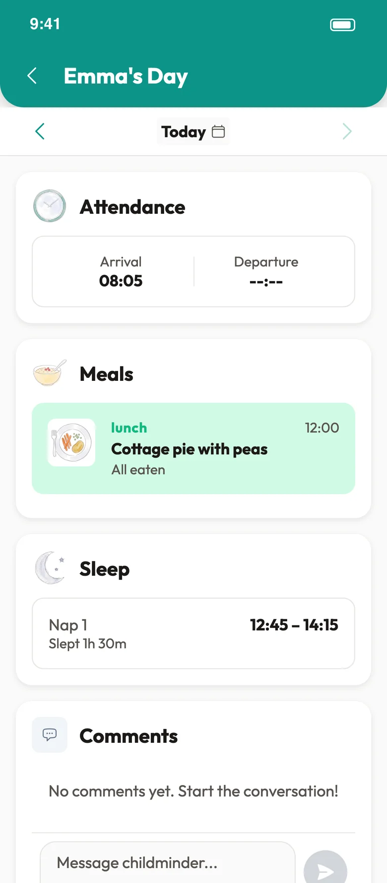 A parent's view of Emma's day, with her lunch and nap